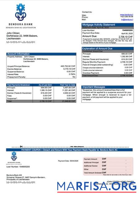 Printable Liechtenstein Bendura Bank AG mortgage statement Word and PDF template